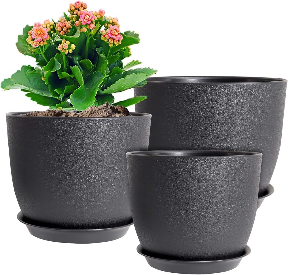 FDDAI Set of 3 Sleek Black Planters: 10", 9", and 8" Plastic Pots with Drainage & Matching Saucers, Stylish Containers for Indoor or Outdoor Greenery