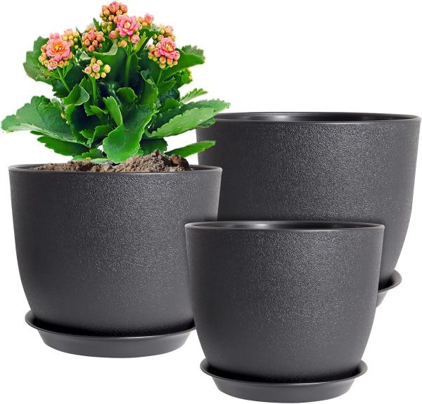 FDDAI Set of 3 Sleek Black Planters: 10", 9", and 8" Plastic Pots with Drainage & Matching Saucers, Stylish Containers for Indoor or Outdoor Greenery