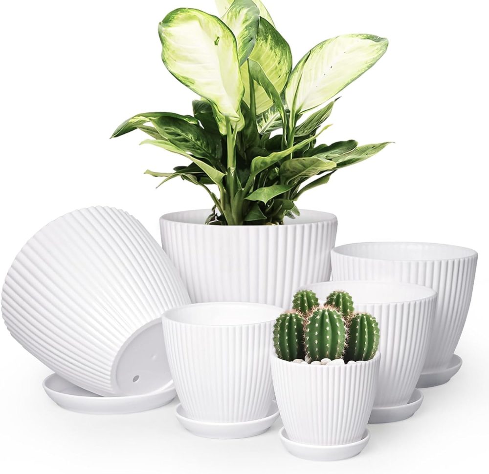 FDDAI Indoor Plant Pots with Saucers, 6 Pack Plastic Planters with Drainage Holes, White Flower Pots in 7.5” to 3.5” Sizes for All Types of Houseplants