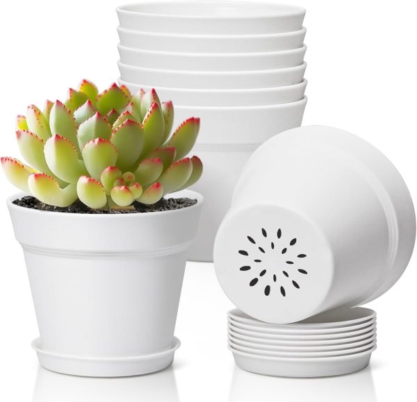 FDDAI 8 Pack 4" White Plant Pots with Drainage & Saucer, Decorative Small Planters for Indoor Plants, Succulents, Herbs, and More