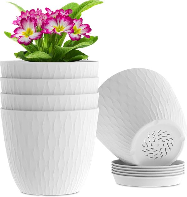 FDDAI 6" Flower Pots, 5 Pack White Plastic Planters with Drainage Holes & Saucers, Water Ripple Design for Indoor Plants, Succulents, and Small Houseplants