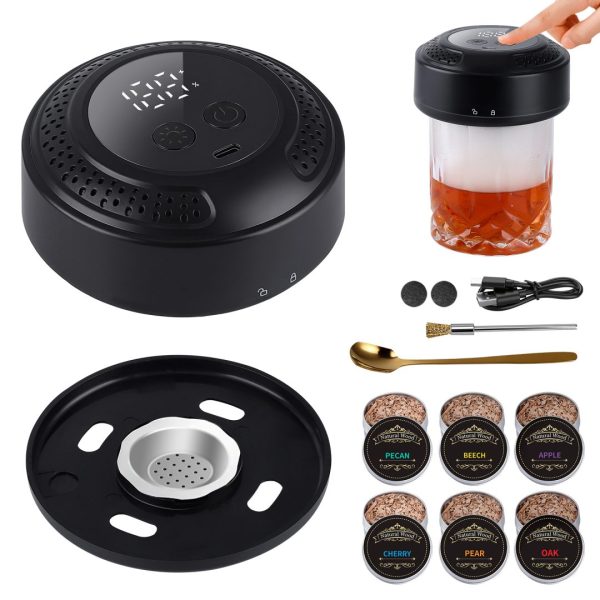 FDDAI Electric Whiskey Smoker Kit - Rechargeable Drink Smoker Set with LED Display, 5-Color Lights, 6 Wood Chips - Gifts for Men, Dad, Husband - Cocktail Smoker for Old Fashioned & Bourbon