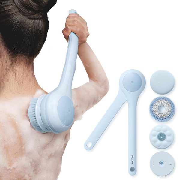 FDDAI Electric Body Brush for Shower – Rechargeable Back Scrubber with Long Dual Handle – Waterproof Power Bath Brush with 3 Replaceable Heads & 2 Speeds – For Cleansing, Exfoliating, and Massage
