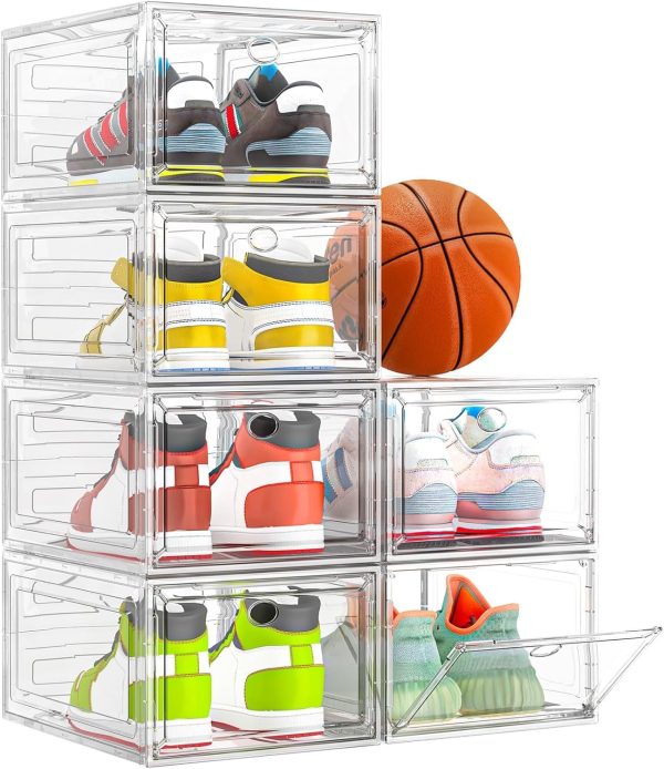 FDDAI Stackable Clear Shoe Boxes with Magnetic Door – 6-Pack Foldable Shoe Storage Organizer – Thicken & Sturdy Plastic Sneaker Containers for Closet, Boots, Space-Saving Shoe Rack Cabinet (White)
