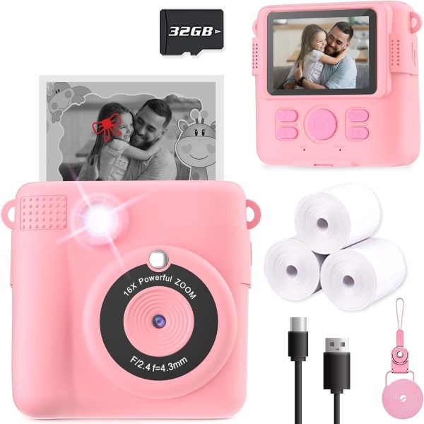 FDDAI Instant Print Camera for Kids – HD Digital Video & Photo Camera with 32GB SD Card – Fun Gift for Girls & Boys Ages 3–12 – Portable Toy Camera for Toddlers & Children – Pink