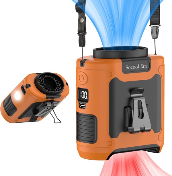 FDDAI 10,000mAh Clip-On Waist Fan – Wearable Personal Fan with Flashlight – 5-Speed Rechargeable Belt Fan with Power Bank Function – Hands-Free Cooling for Travel, Hiking, Outdoor Work (Orange)