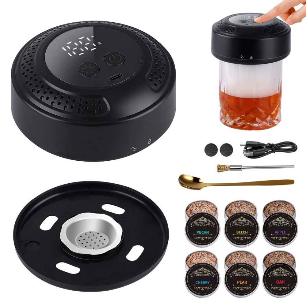FDDAI Electric Whiskey Smoker Kit - Rechargeable Drink Smoker Set with LED Display, 5-Color Lights, 6 Wood Chips - Gifts for Men, Dad, Husband - Cocktail Smoker for Old Fashioned & Bourbon
