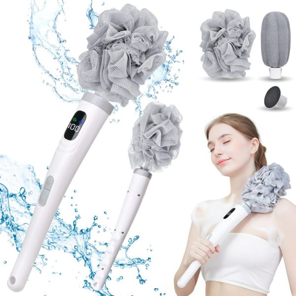 FDDAI Electric Body Brush Long Handle for Shower: Rechargeable Shower Scrubber with 3 Replaceable Heads - IPX7 Waterproof Exfoliating Back Scrubber for Cleaning & Massaging Skin for Women & Men